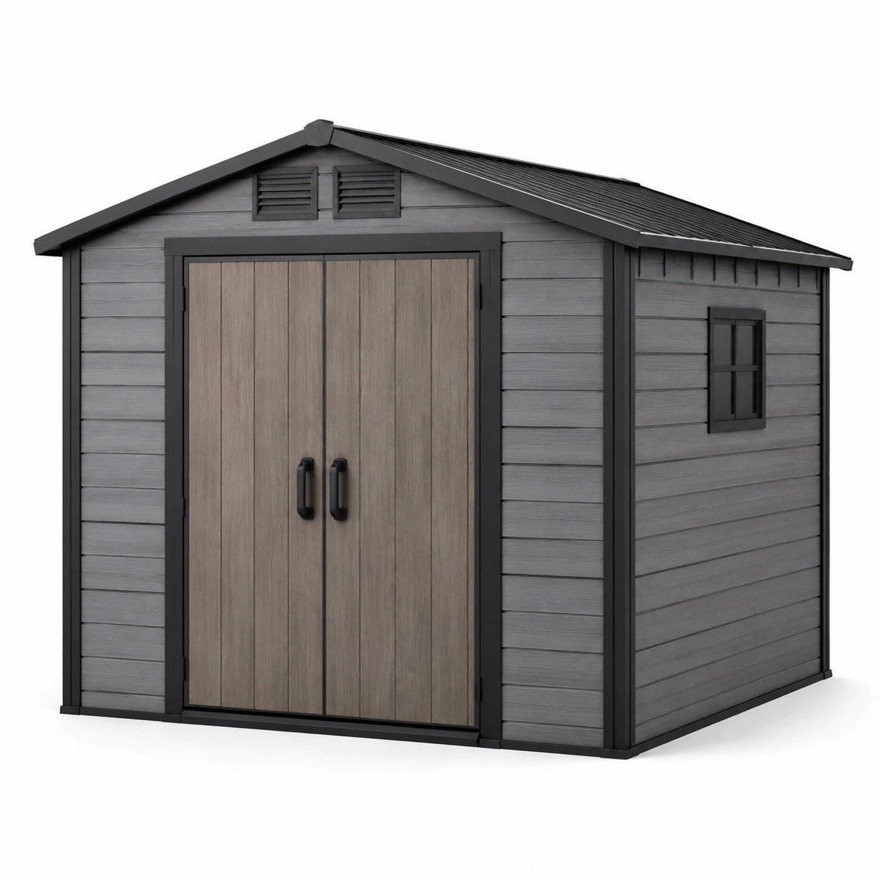Abri de jardin en plastique gris et bois foncé 185 x 152 x 226 cm avec portes et fenêtre