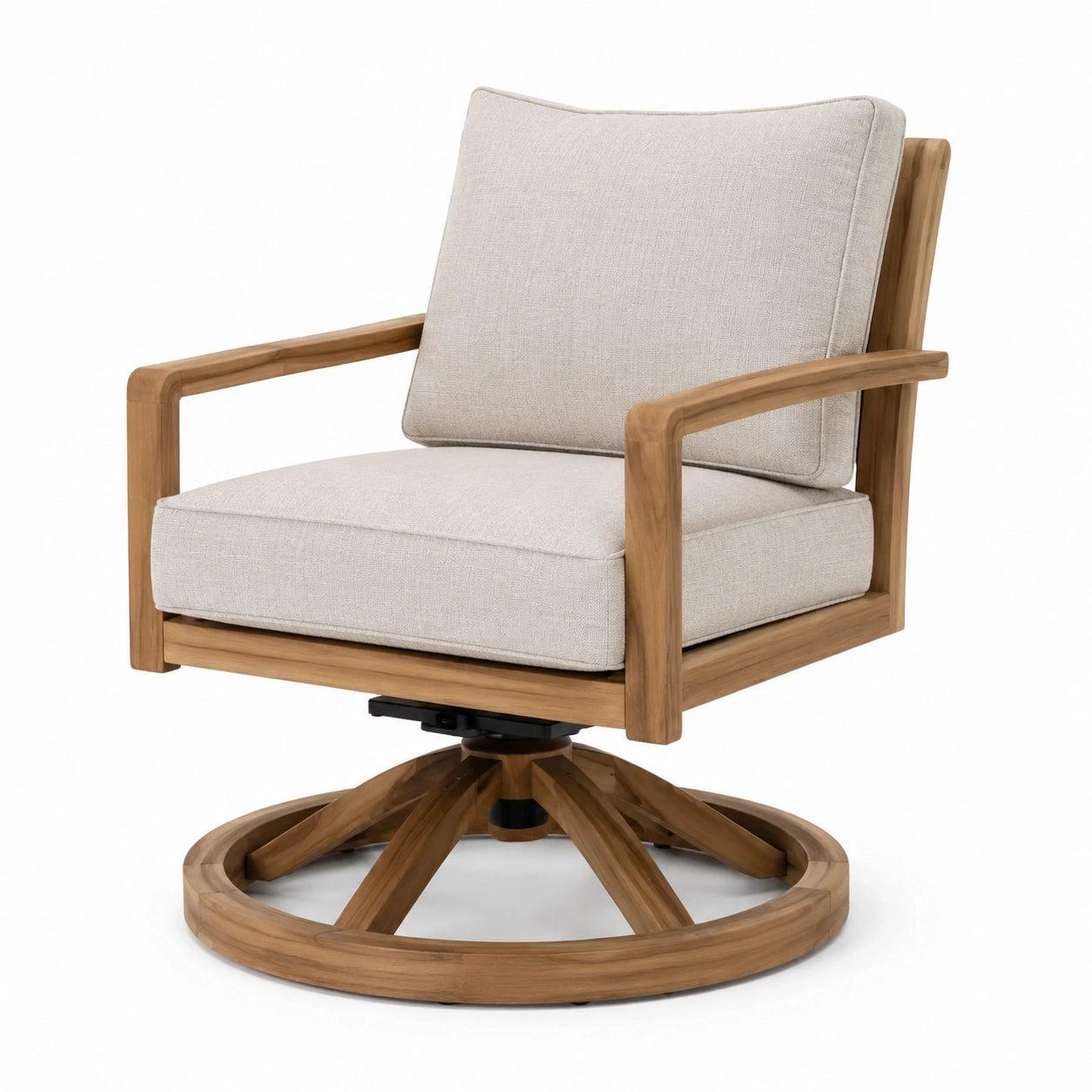 Fauteuil pivotant en teck avec coussins en lin beige