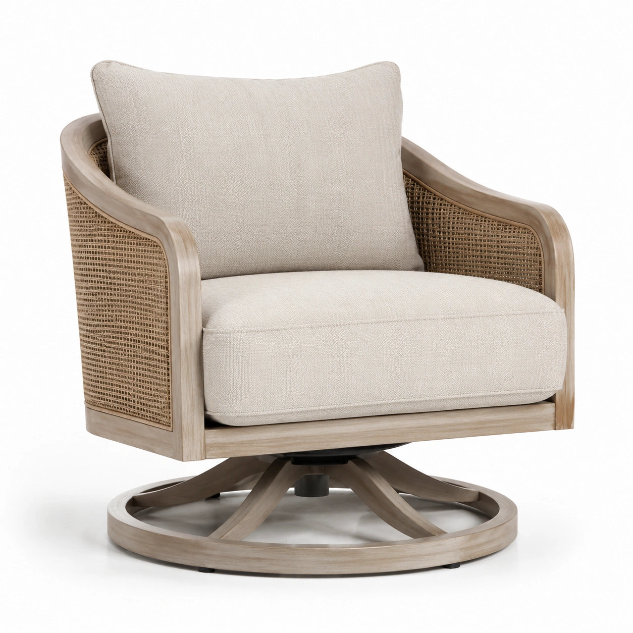 Fauteuil pivotant en bois et rotin beige