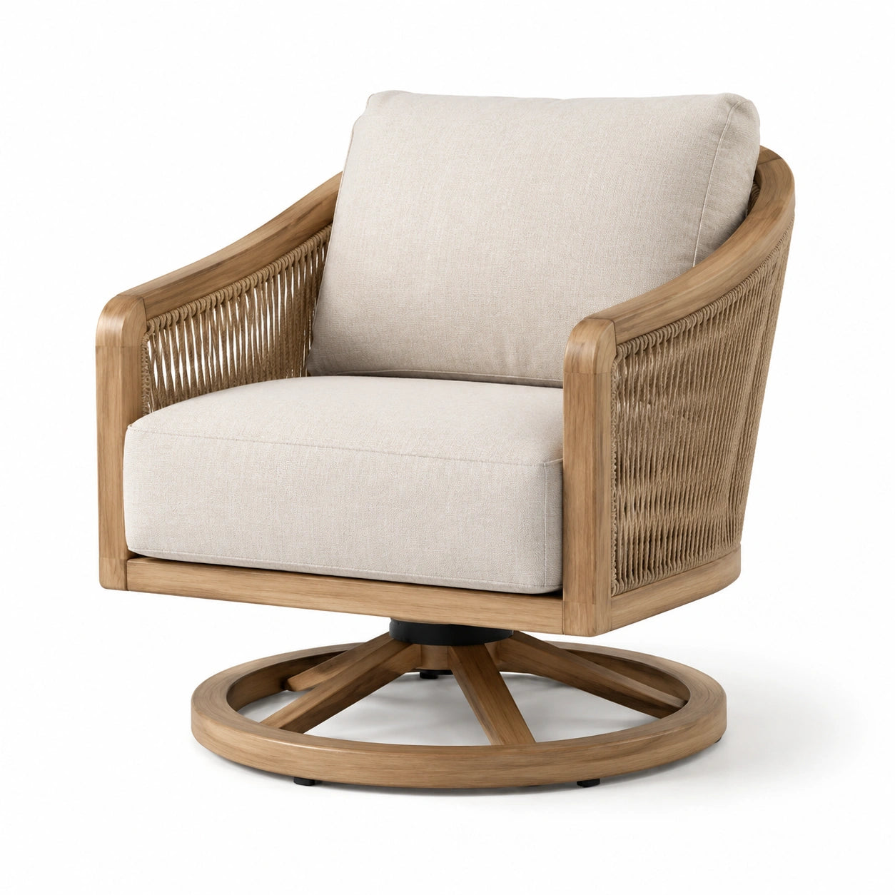 Fauteuil pivotant en bois et corde avec coussins en lin beige