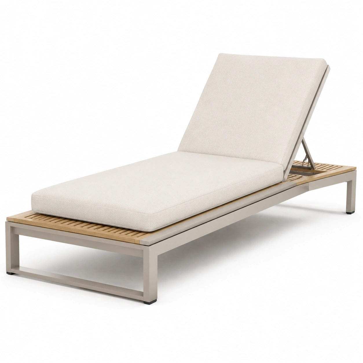 Transat réglable en métal et bois avec coussin beige