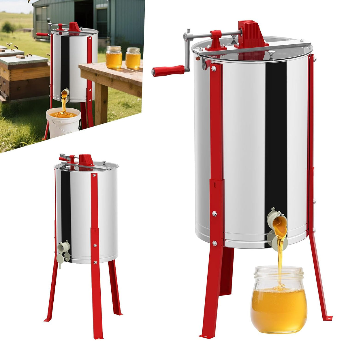ACXIN Centrifugeuse à miel en acier inoxydable manuelle pour apiculteurs amateurs et professionnels, pieds réglables, capacité 15-20kg