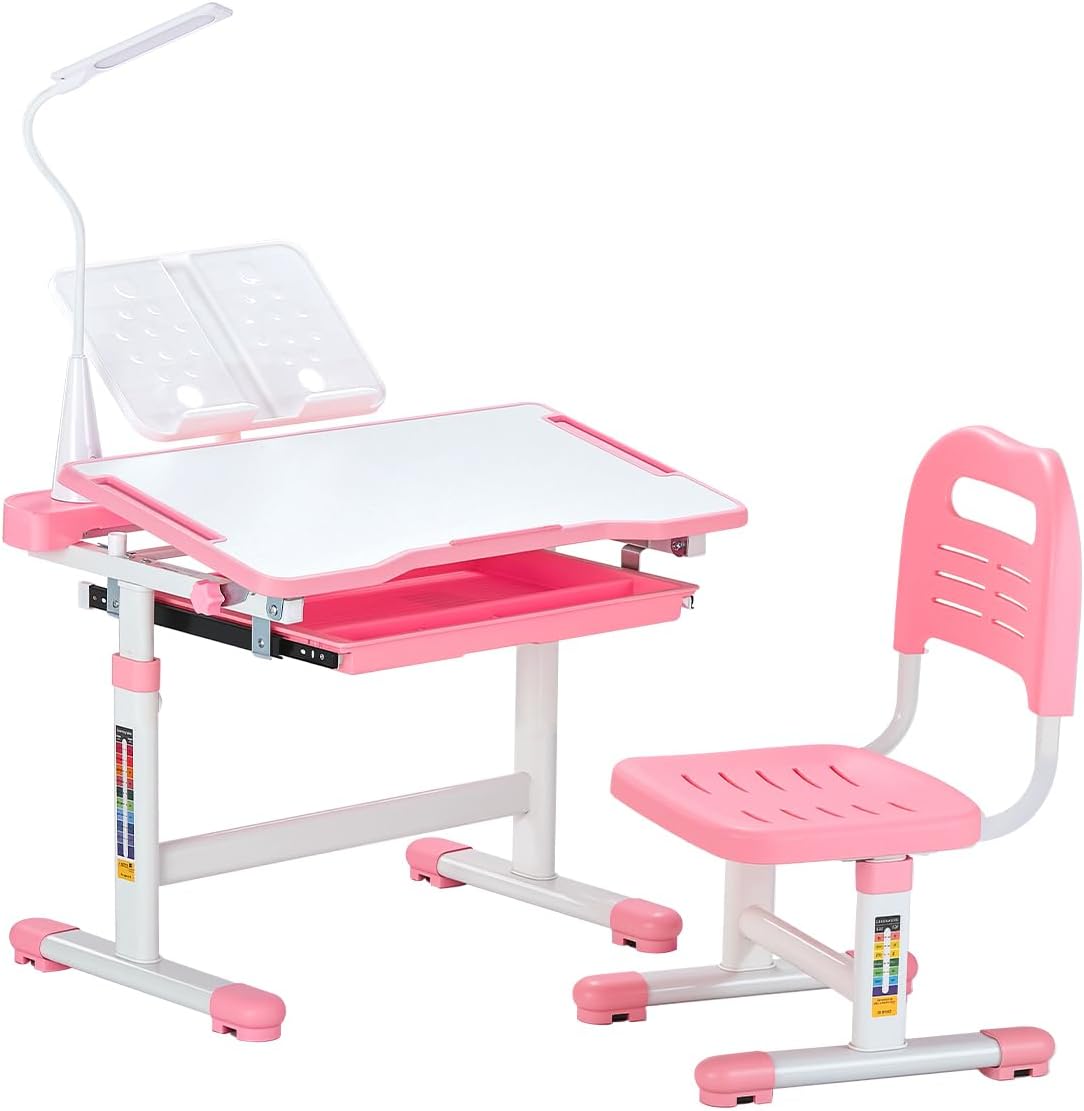 VEVOR Ensemble Chaise et Bureau pour Enfants avec Lampe de Table, Table et Chaise d'étude, Hauteur réglable et inclinés de 0 à 40°, pour Lecture