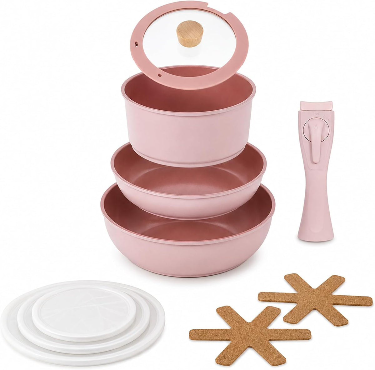 NEOFLAM - Lot de 8 casseroles et poêles Midas Plus Revêtement antiadhésif naturel ECOLON, sans PFAS, induction, poignée amovible, four