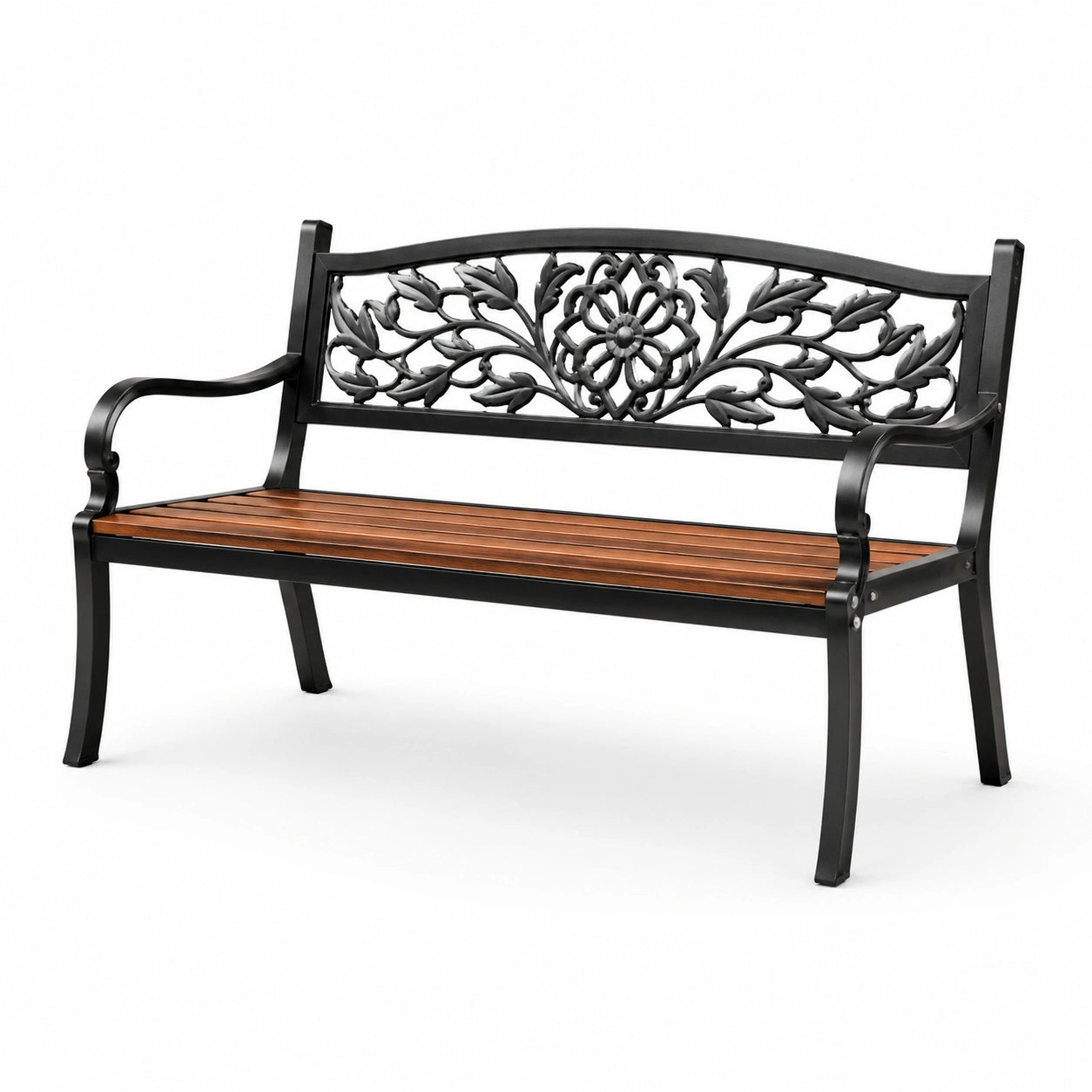 Banc en métal et bois avec motifs floraux