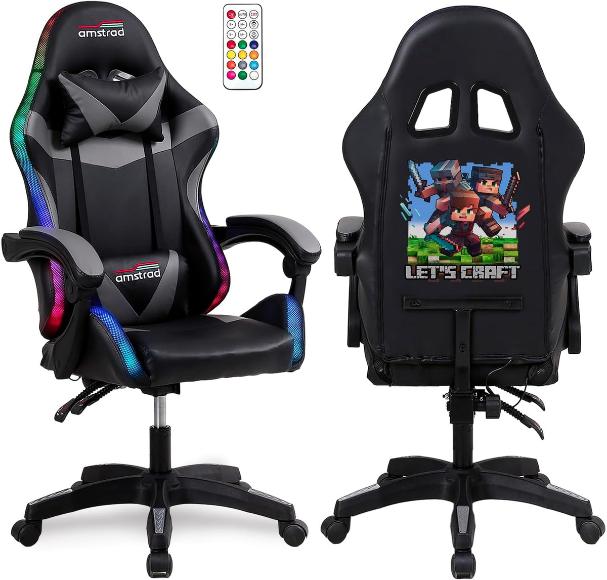 Amstrad AMS-900-LED-CRAFTER - Fauteuil Gaming Noir et Gris - Serigraphie Crafter - Eclairage LED 366 Effets - Télécommande