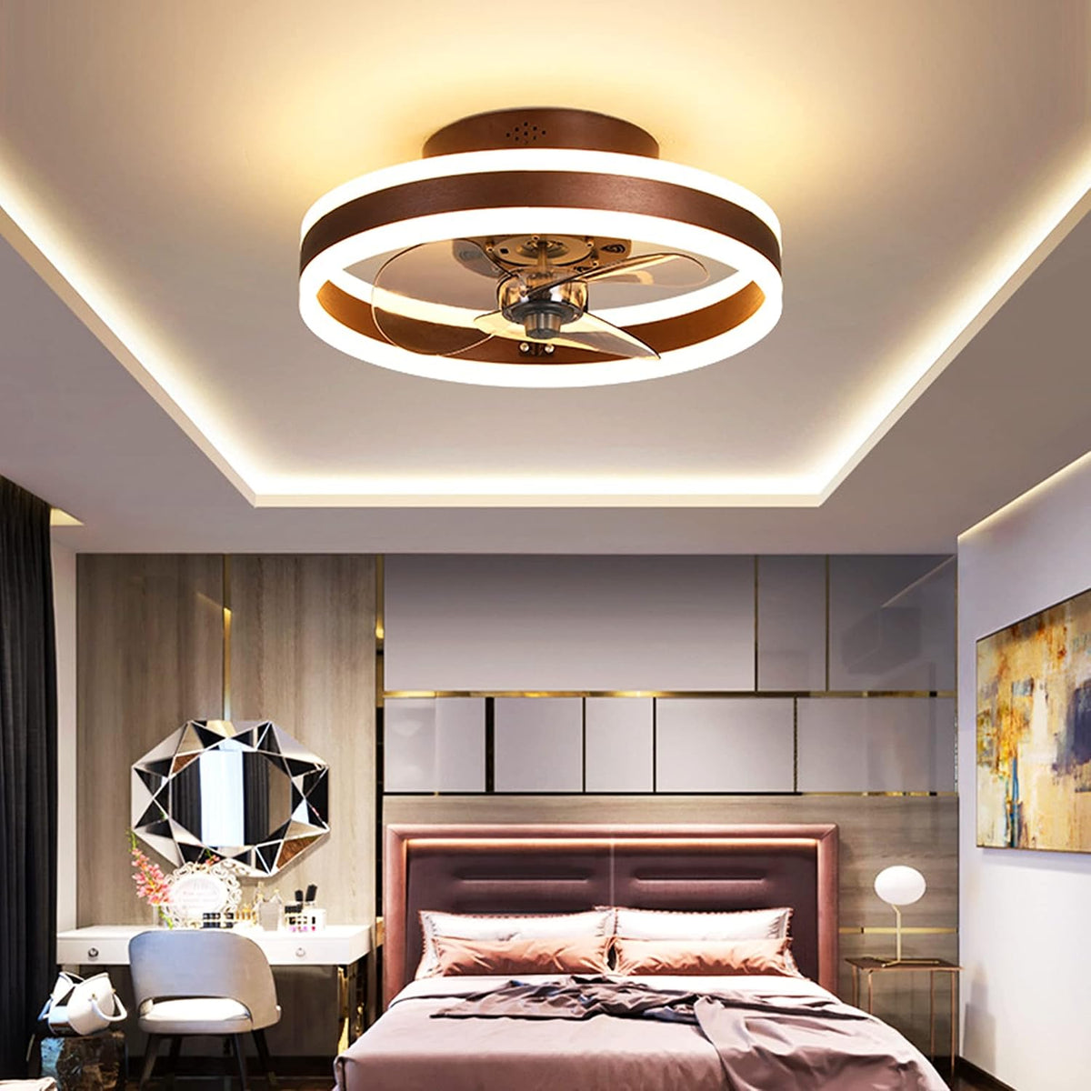YUNZI Ventilateur De Plafond Silencieux Avec Lumière 40CM*16.5CM - Pour Chambre 30M2 - Télécommande, Lustre Noir 48W, Marron