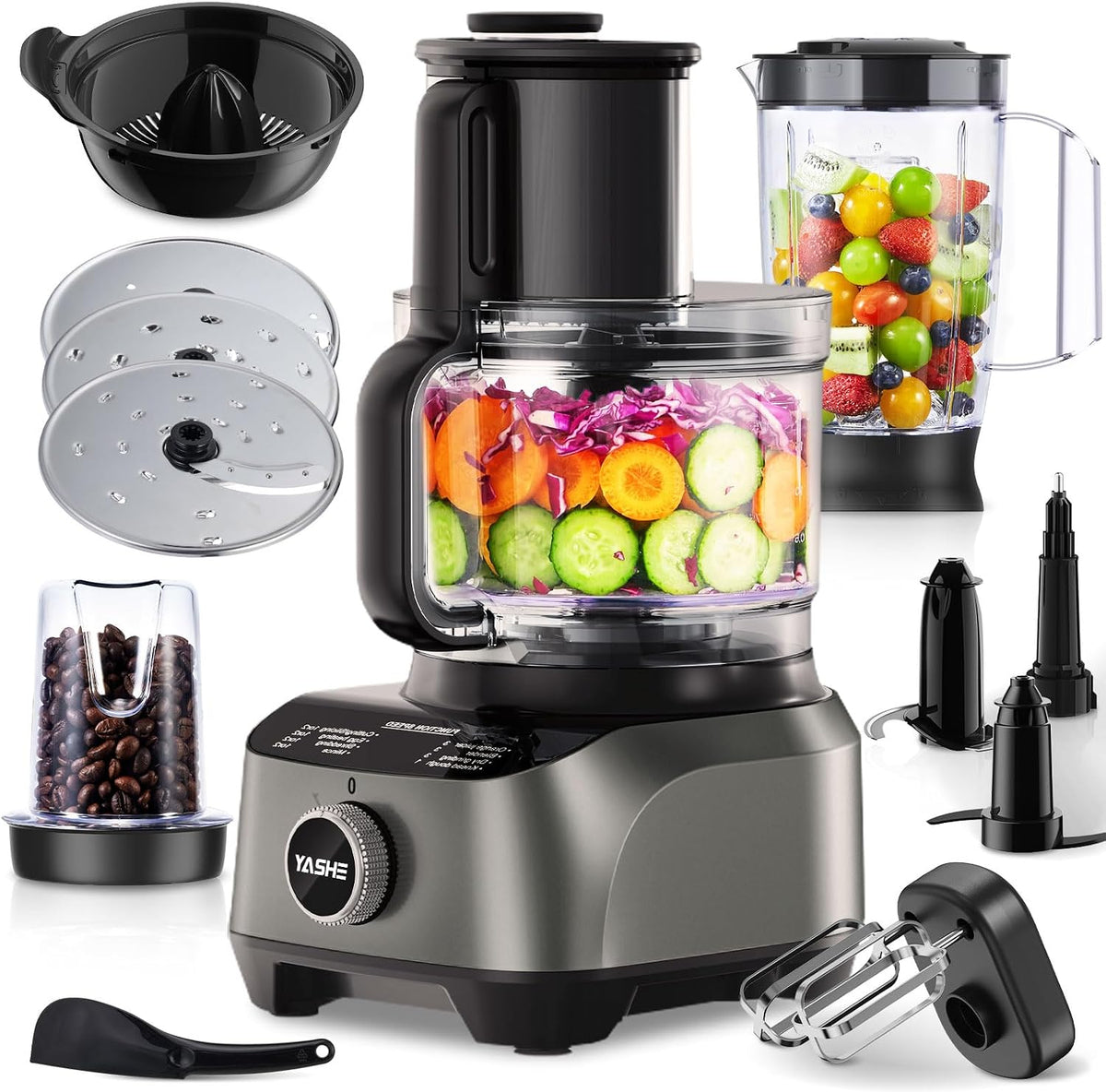 YASHE Robot Cuisine Multifonctions, 2,5L Bol & 1,5L Jarre, Mixeur, Grinder, Extracteur de Jus, Pétrin, Hachoir, Trancheur & Râpe, 3 Vitesses + Pulse