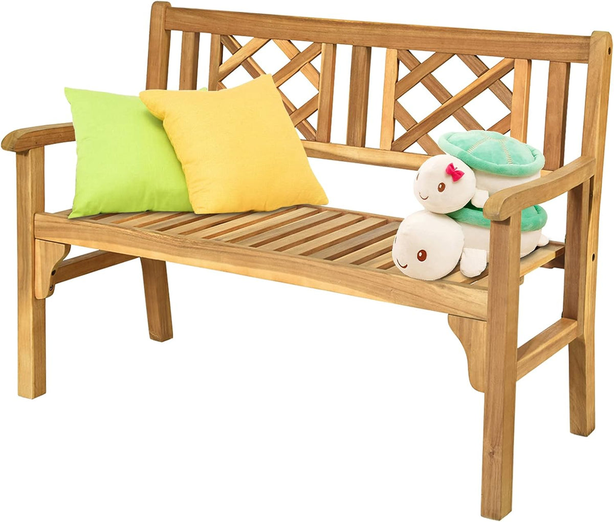 COSTWAY Banc de Jardin en Teck Pliable Bois d'Acacia 120 cm x 56 cm x 90 cm Banc d'Extérieur à 2 Places Dossier Incurvé et Accoudoirs pour Terrasse