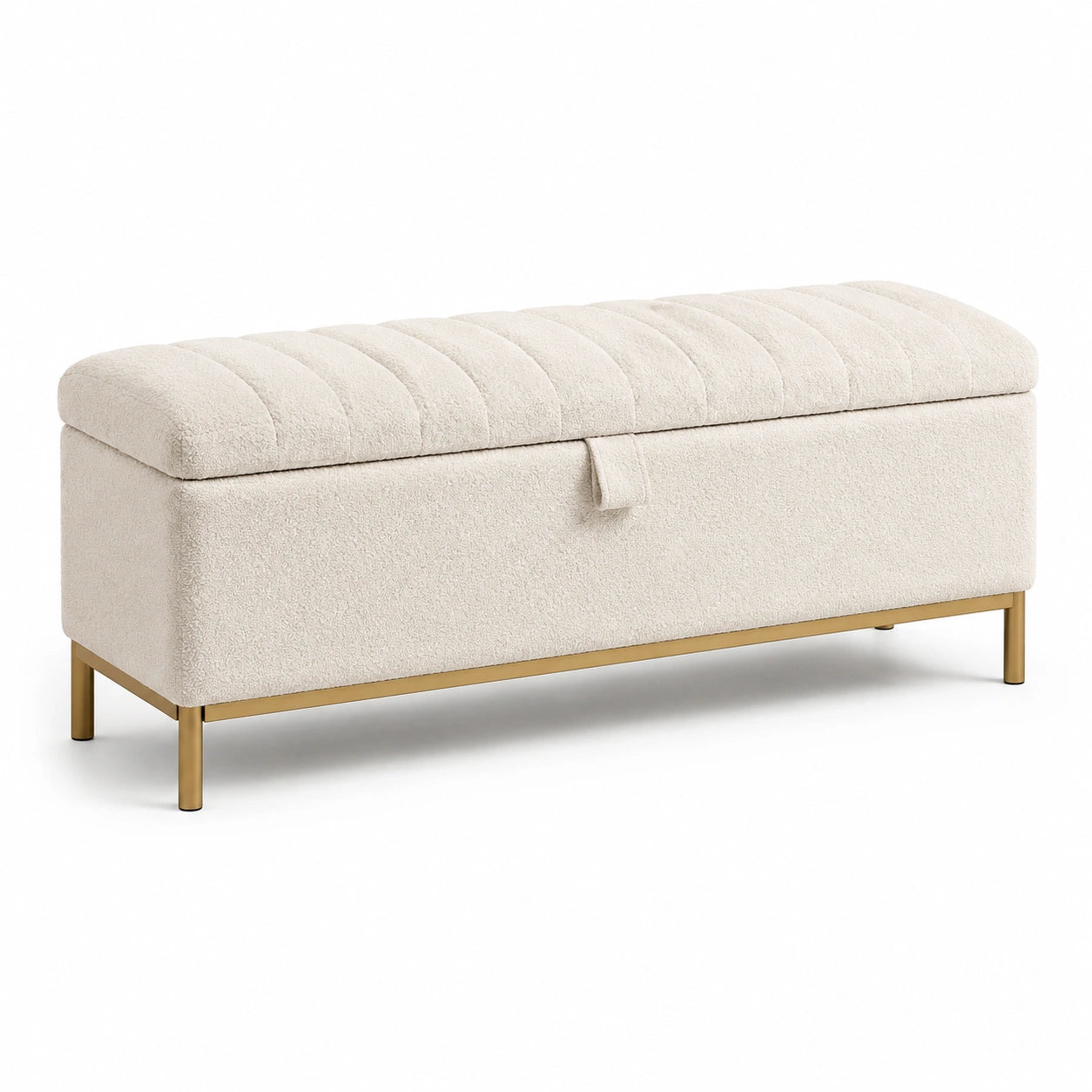 Banc de rangement en tissu bouclé avec pieds en métal doré 120cm beige