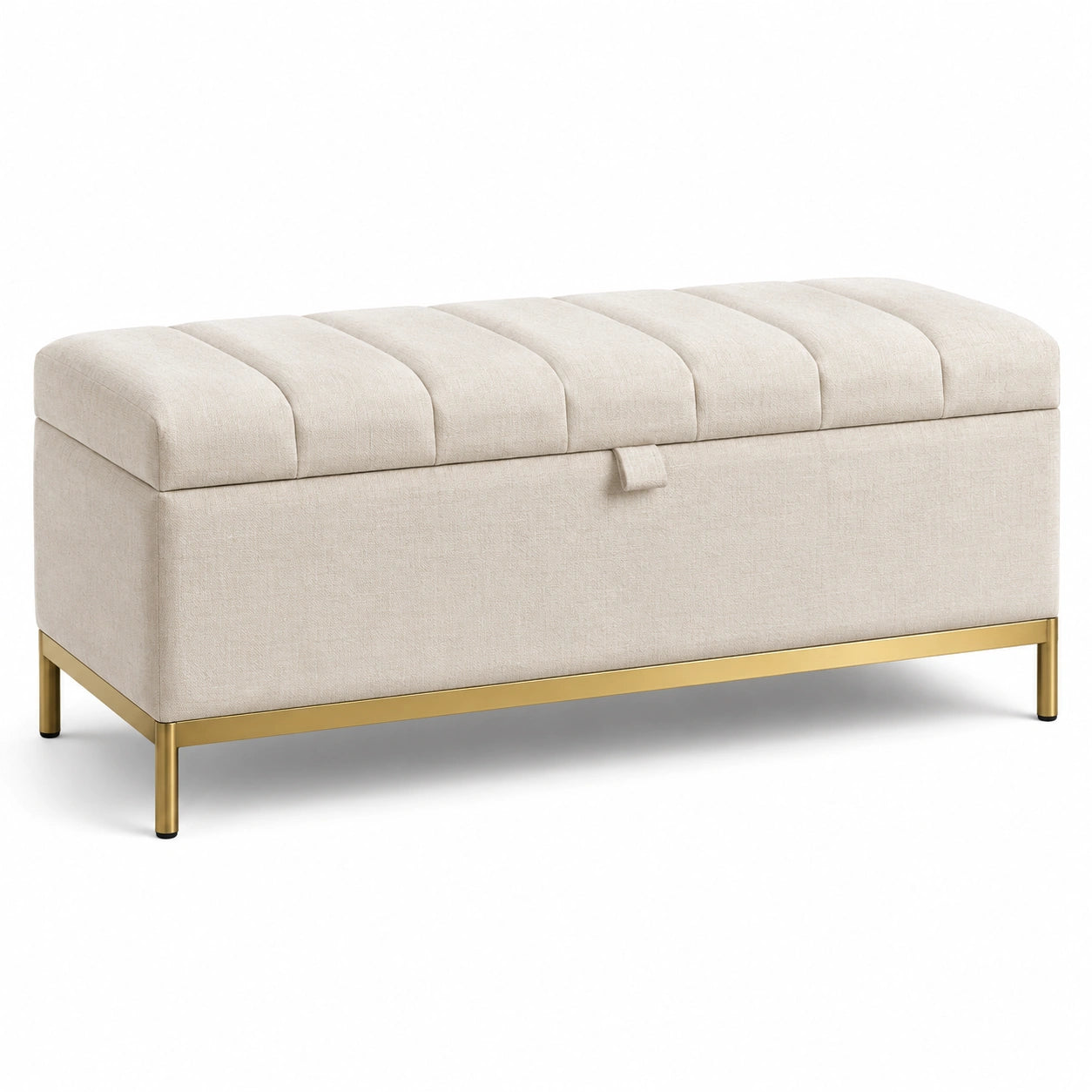 Banc de rangement en tissu polyester beige avec pieds en métal doré