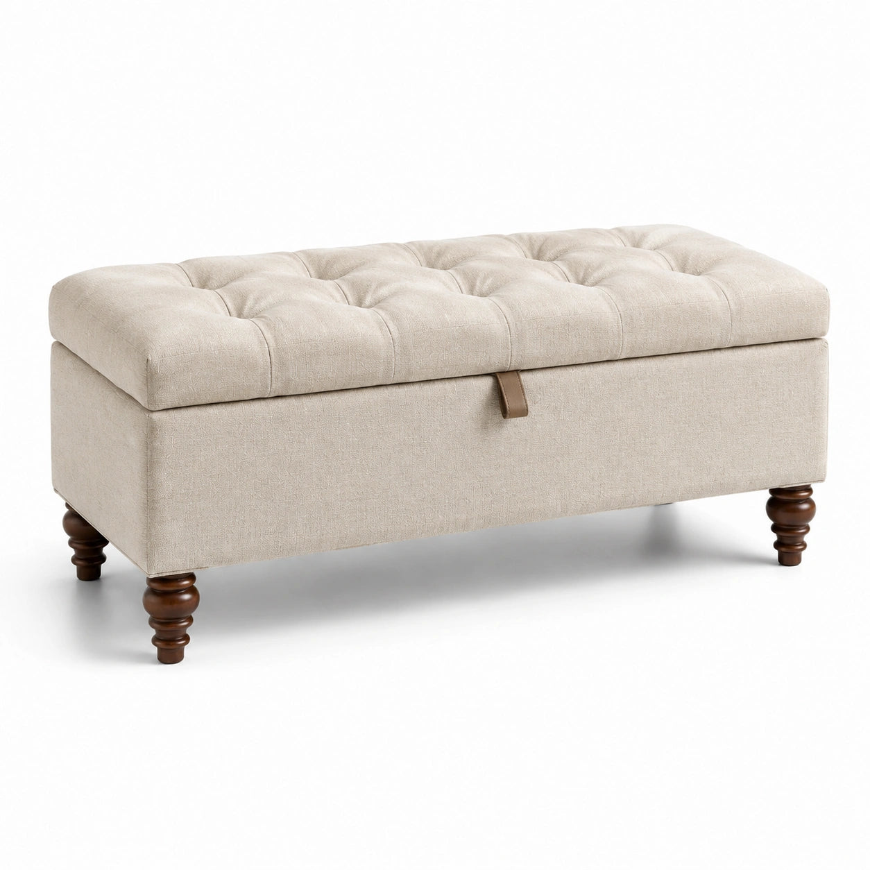 Banc de rangement en lin beige avec pieds en bois