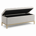 Banc de rangement en lin beige avec cadre en métal doré