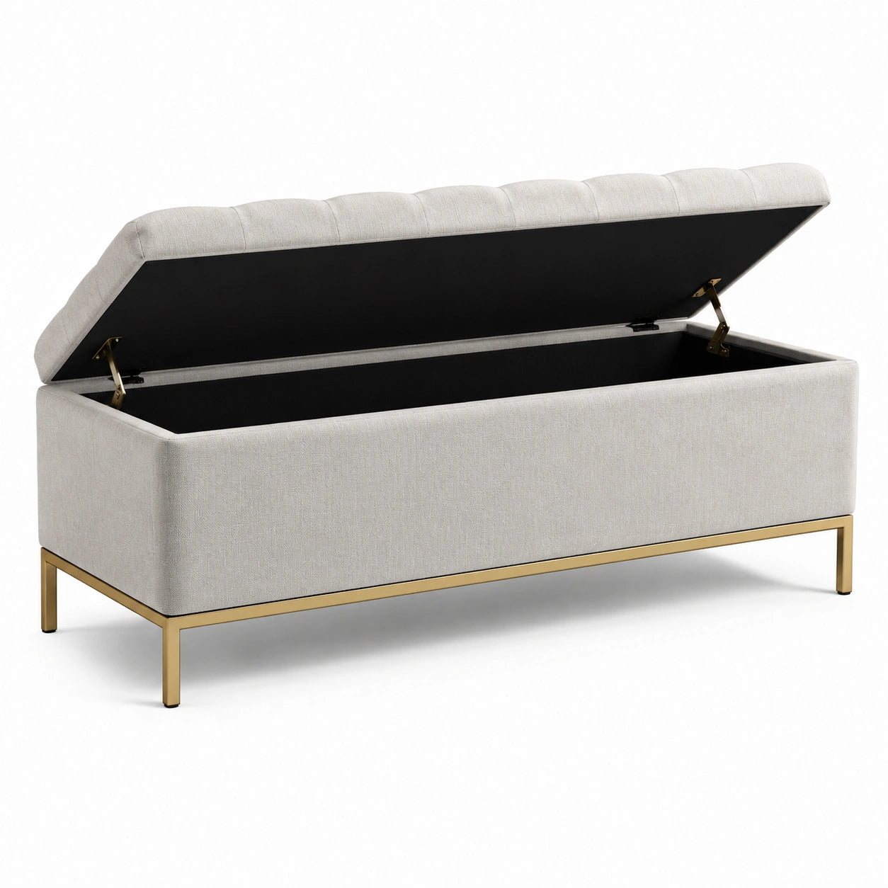 Banc de rangement en lin beige avec cadre en métal doré