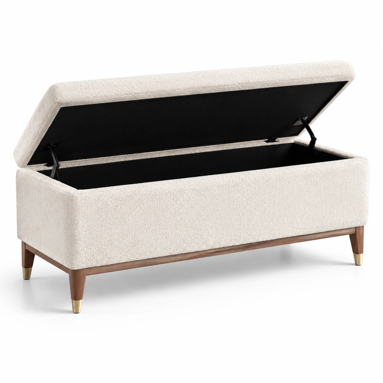 Banc de rangement en tissu bouclé avec pieds en bois 120 cm beige