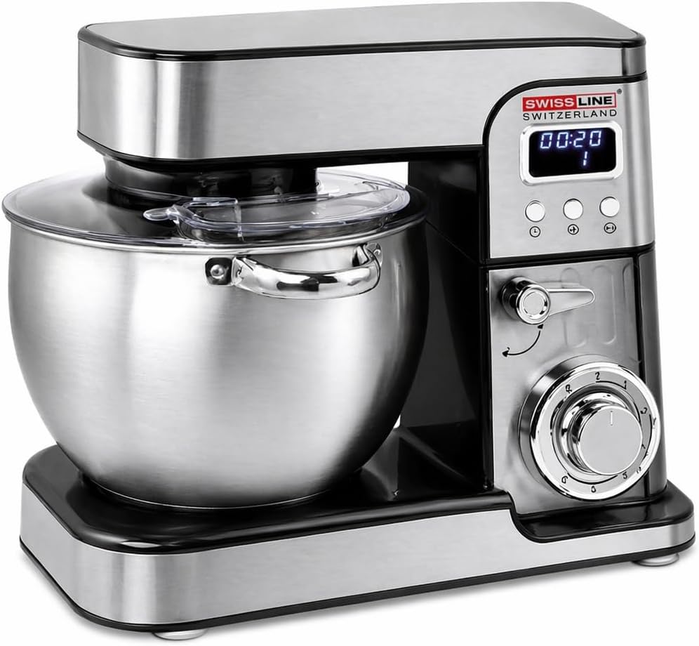 Mixeur pétrisseur multifonction 9 L avec bol en acier inoxydable, 6 vitesses, tête inclinable et protection anti-éclaboussures
