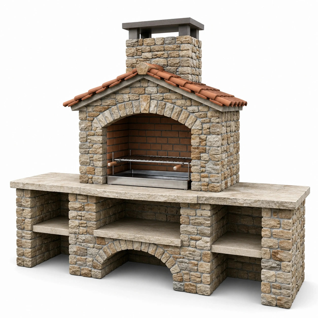 Barbecue en pierre avec cheminée et grille en acier inoxydable