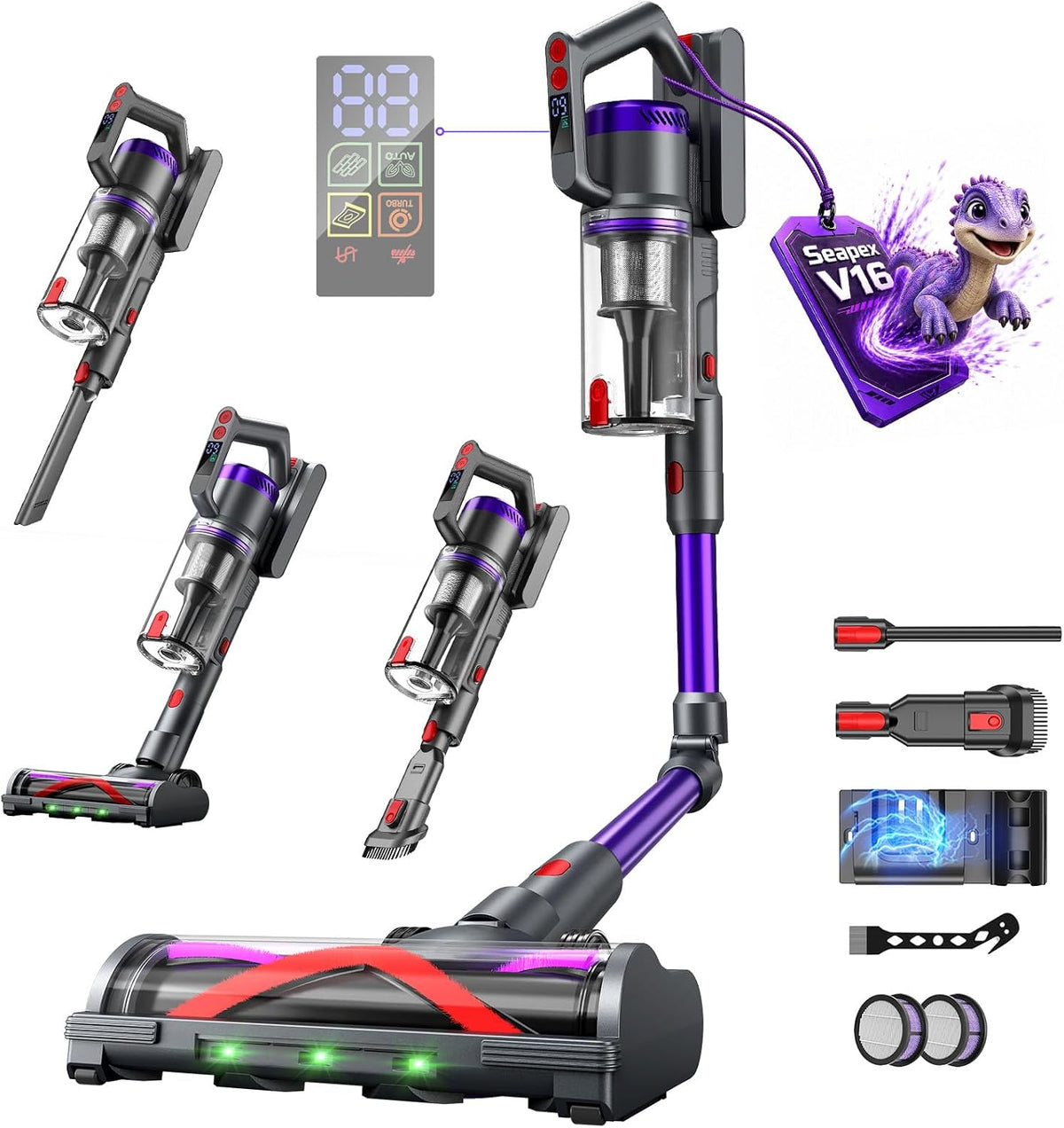 Aspirateur Balai sans Fil 600W/58000Pa/75min, Aspirateur sans Fil Puissant avec Écran LED Intelligent, Mode Automatique, Station de Charge