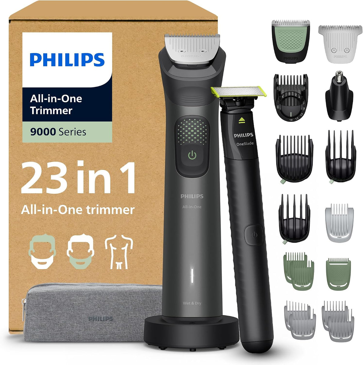 Philips Multigroom série 9000 Tondeuse tout-en-un 23 accessoires + rasoir OneBlade pour hommes, ensemble tondeuse/rasoir pour barbe, cheveux et corps
