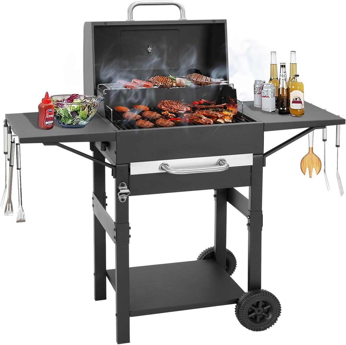 Barbecue portable pour barbecue extérieur fumoir avec étagères latérales, jauge de température