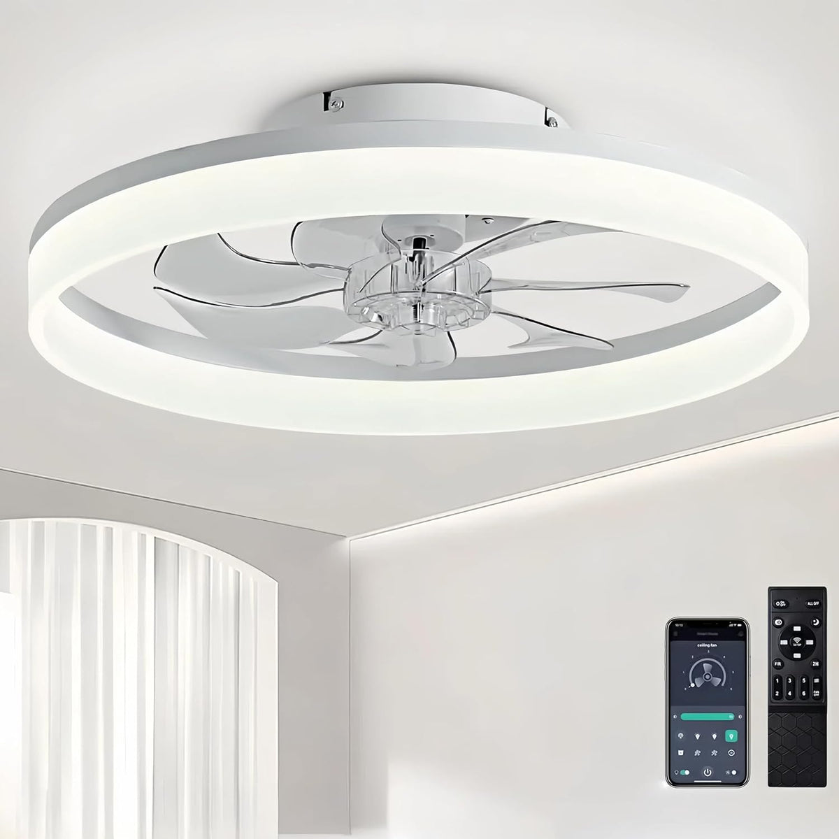 50cm Ventilateur de Plafond Silencieux avec Lumiere et Telecommande 6 Vitesses et vent Réversible Dimmable LED Ventilateur de Plafond avec lumière