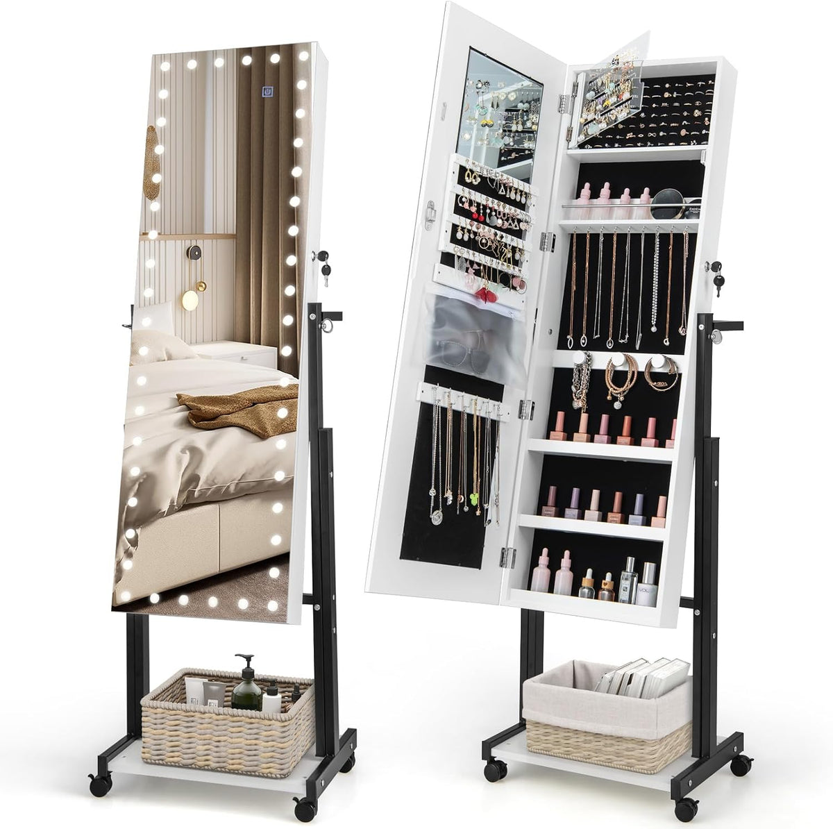 GOPLUS Armoire à Bijoux à Roulettes avec LED 3 Couleur, 2 Hauteur et 3 Angle Réglable, Intelligent Tactile