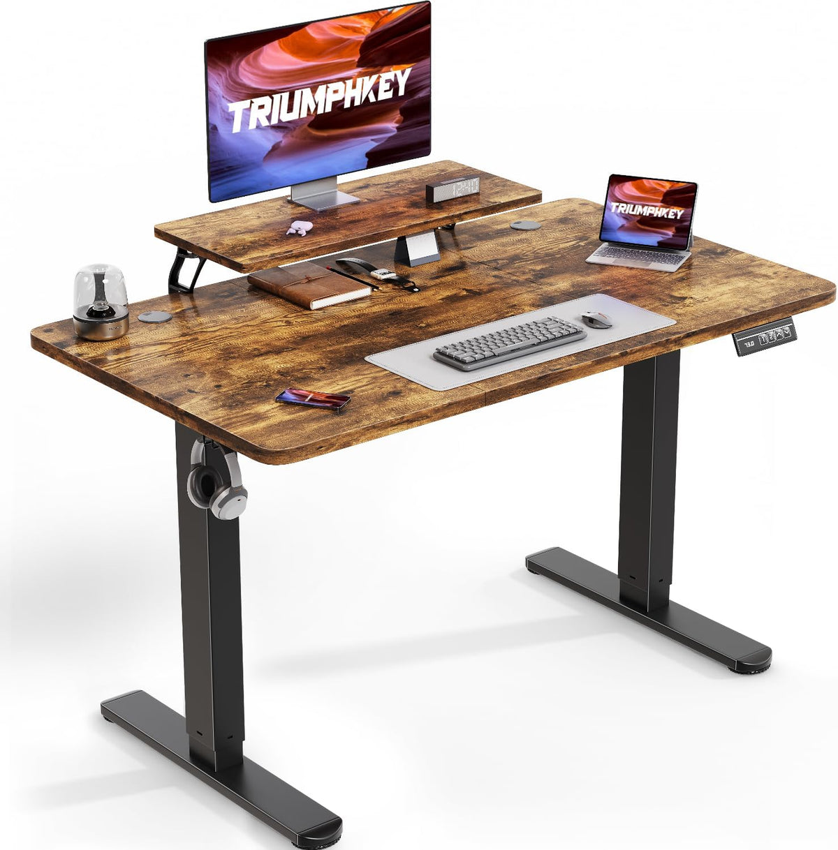 Bureau Assis Debout 120×60cm Bureau Hauteur Réglable Electrique, Marron Ordinateur, Standing Desk