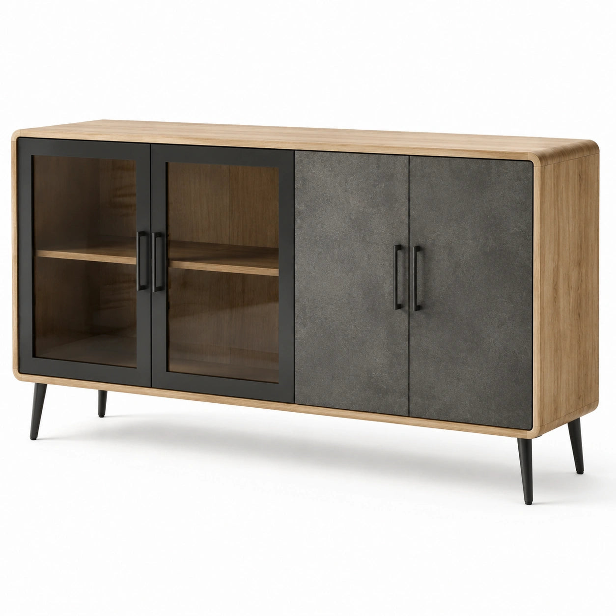 Buffet en bois avec portes en verre trempé et surfaces en pierre