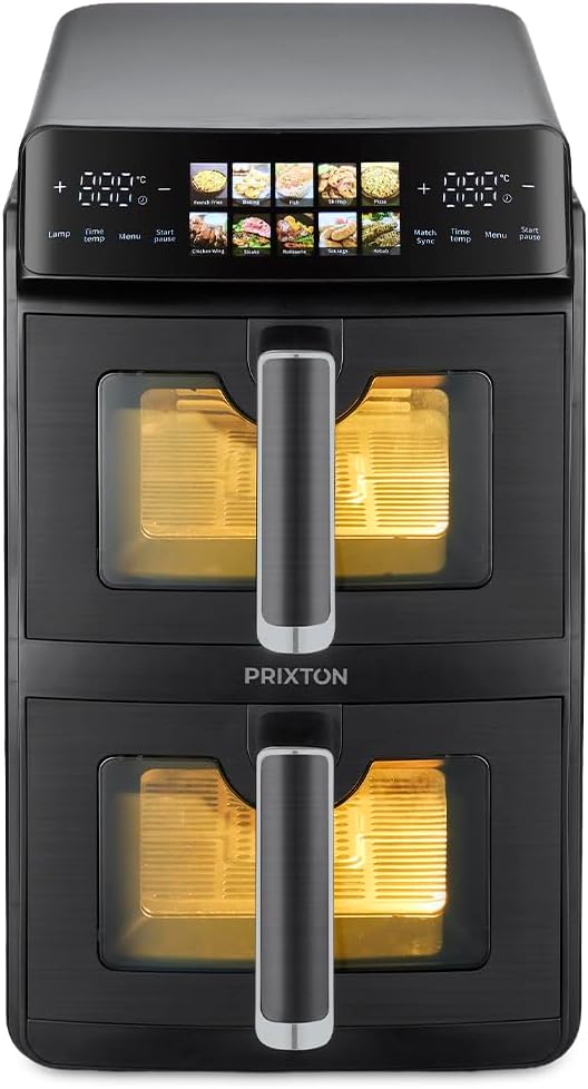 PRIXTON Friteuse à air verticale 10 L avec Double Panier 5 L + 5 L, 2600 W, Air fryer sans huile avec 2 Paniers indépendants, écran LED tactile
