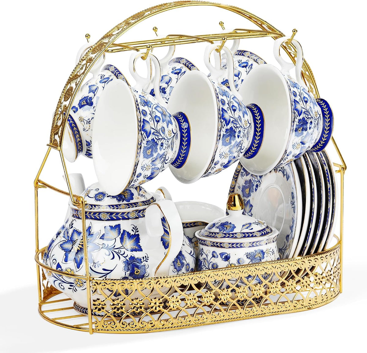 fanquare Fleur Bleue Service à Thé en Porcelaine avec Support en Métal, Tasse et Soucoupe à Café Vintage en Porcelaine
