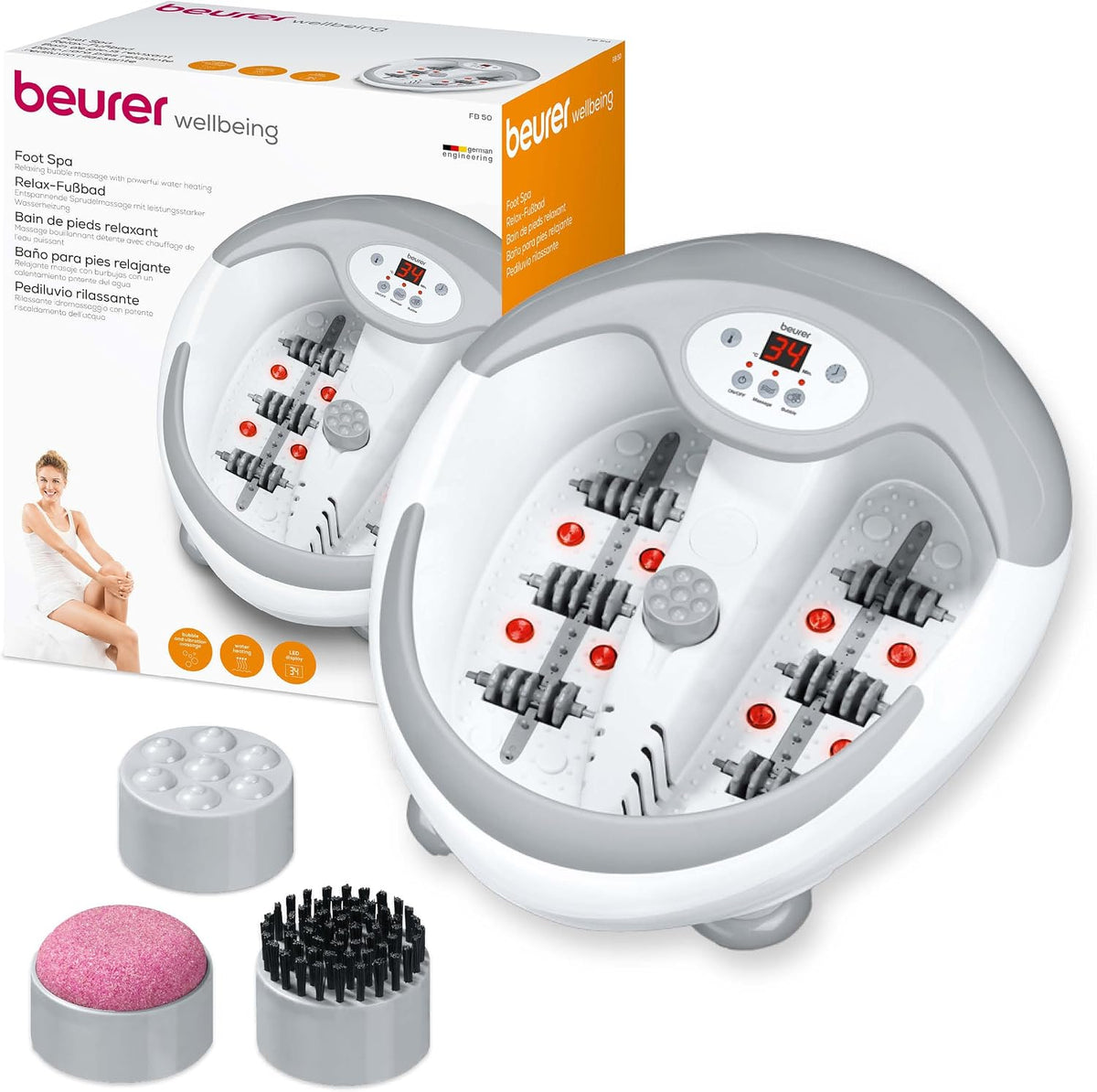 Beurer FB50 Bain de Pieds Relaxant, Balnéothérapie avec Accessoires de Pédicure, Chauffage de l'eau, Massage Vibrant à Bulles