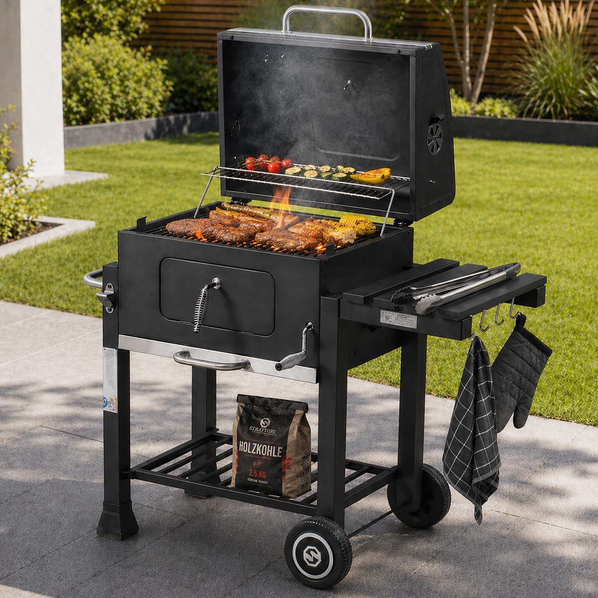 Strattore Charbon de Bois Réglable XL Barbecue au Charbon Barbecue sur Pied Barbecue de Jardin BBQ Gril en Fer