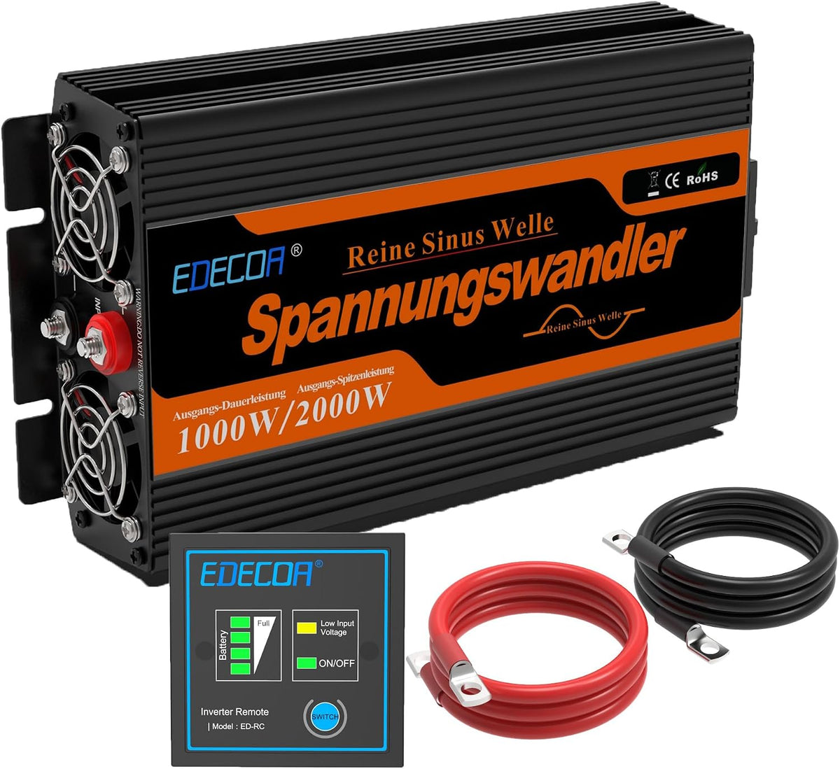 EDECOA Convertisseur Pur Sinus 12v 220v onduleur 1000w avec télécommande 2X USB Onde sinusoïdale Pure 230v, multicolore