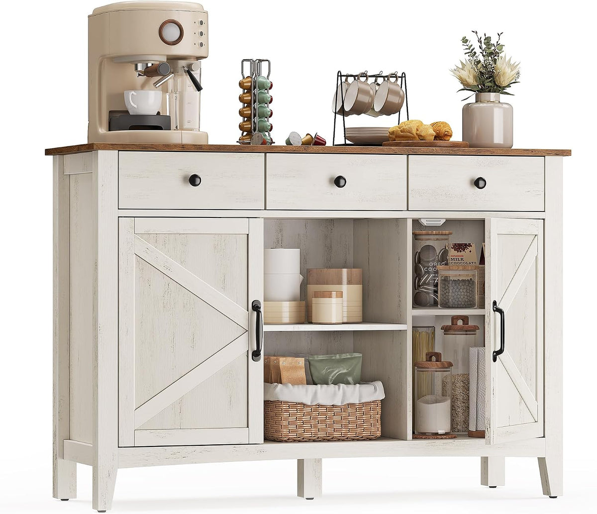 VASAGLE Buffet, Meuble de Rangement avec Tiroir, Meuble de Cuisine, avec Portes, Étagère Réglable, Style Campagne, pour Salon, 40 x 114,5 x 80 cm