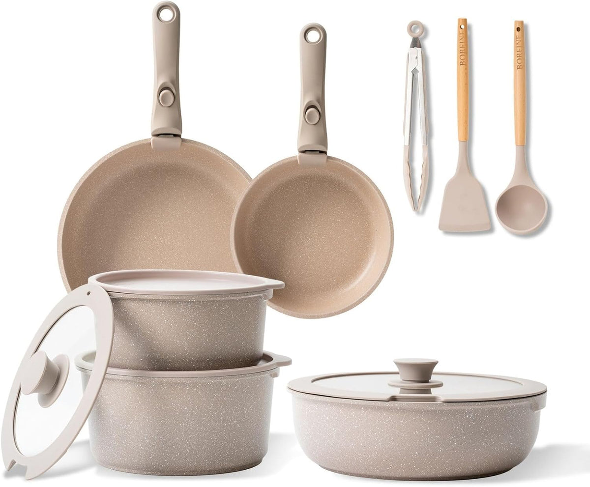 BOREINE Batterie de Cuisine 14 Pce, Lot Casserole et Poele, Marron