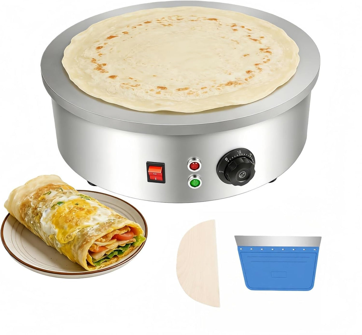Crepes Maker Crêpière électrique, diamètre 45 cm, 3000 W, poêle à crêpes avec répartiteur de pâte et spatule, antiadhésive, pour crêpes, crêpes, tacos