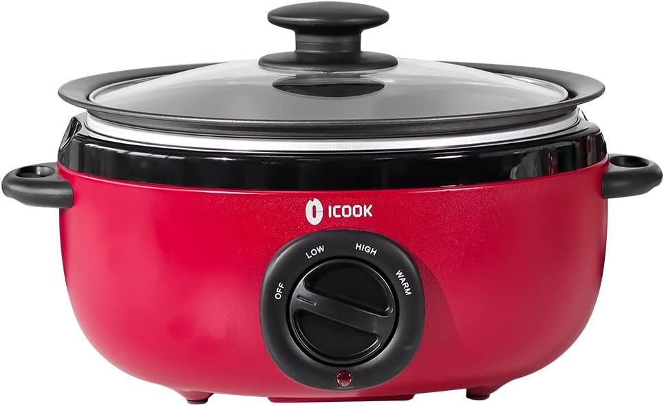 ICOOK Mijoteuse USC-65-OP001RD en aluminium, passe au lave-vaisselle, couvercle en verre, température réglable, chauffe-aliments, rouge