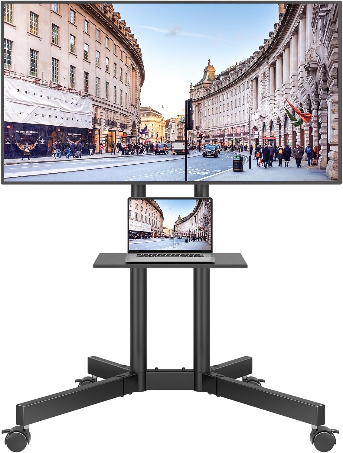 BONTEC Support TV sur Pied à roulettes, 32-85 Pouces, Charge 55 kg, Hauteur Réglable, Double Colonne, Roulettes Verrouillables 360°, Inclinaison