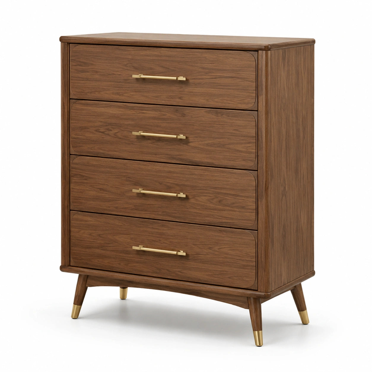 Commode en bois de noyer avec poignées dorées 4 tiroirs