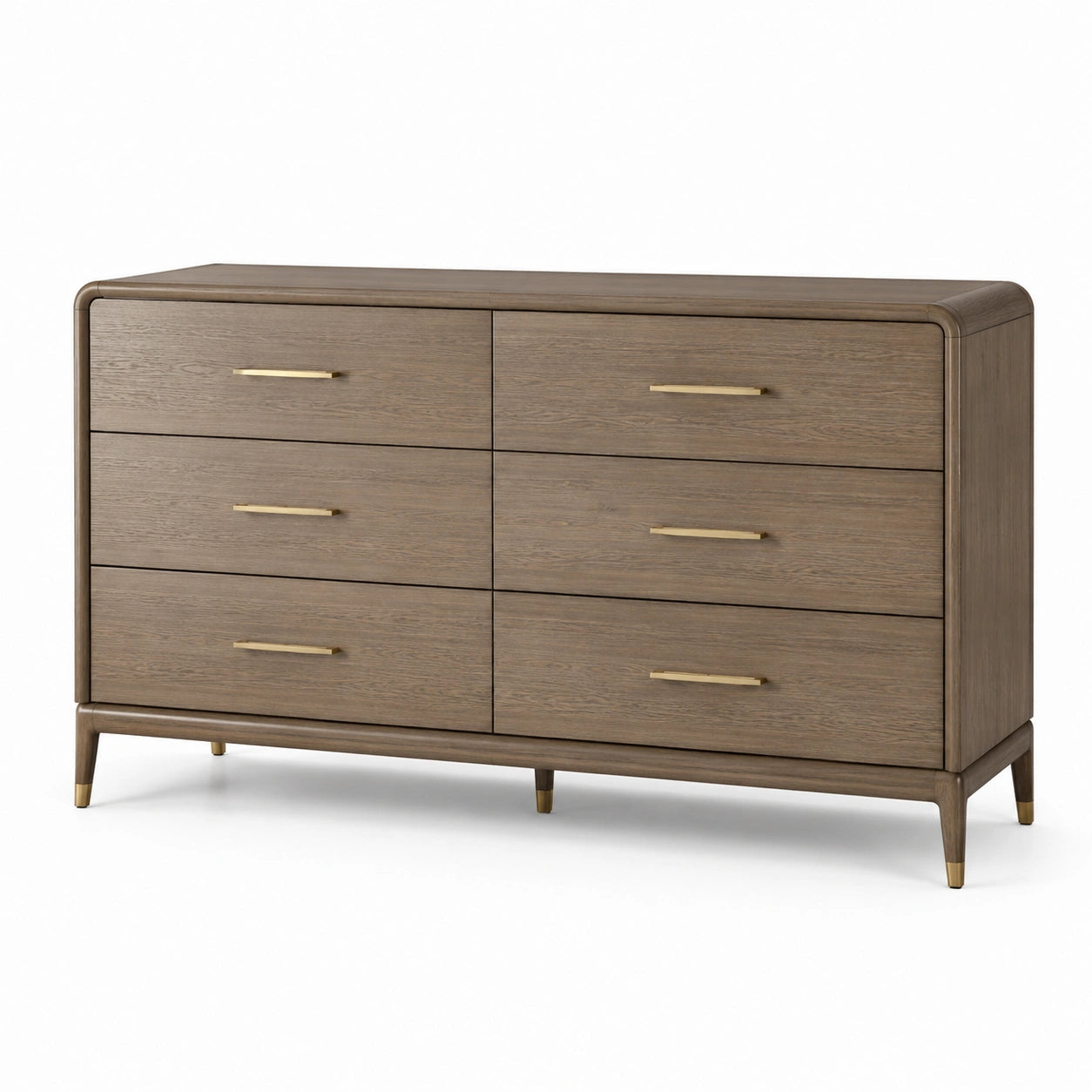 Commode en bois de chêne avec poignées dorées, 6 tiroirs