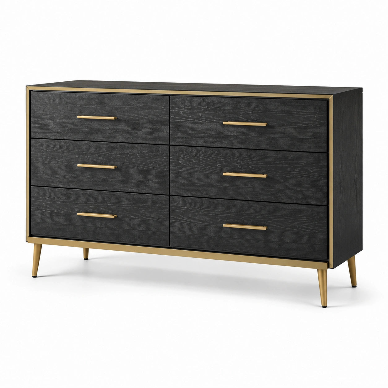 Commode en bois de chêne teinté noir et métal doré à 6 tiroirs