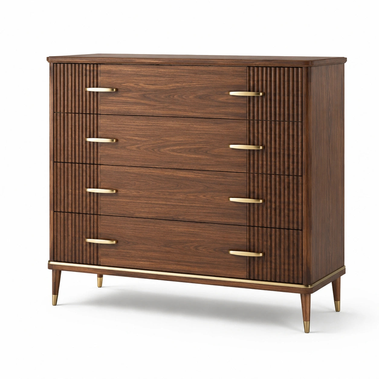 Commode en bois avec 5 tiroirs chêne et laiton, marron
