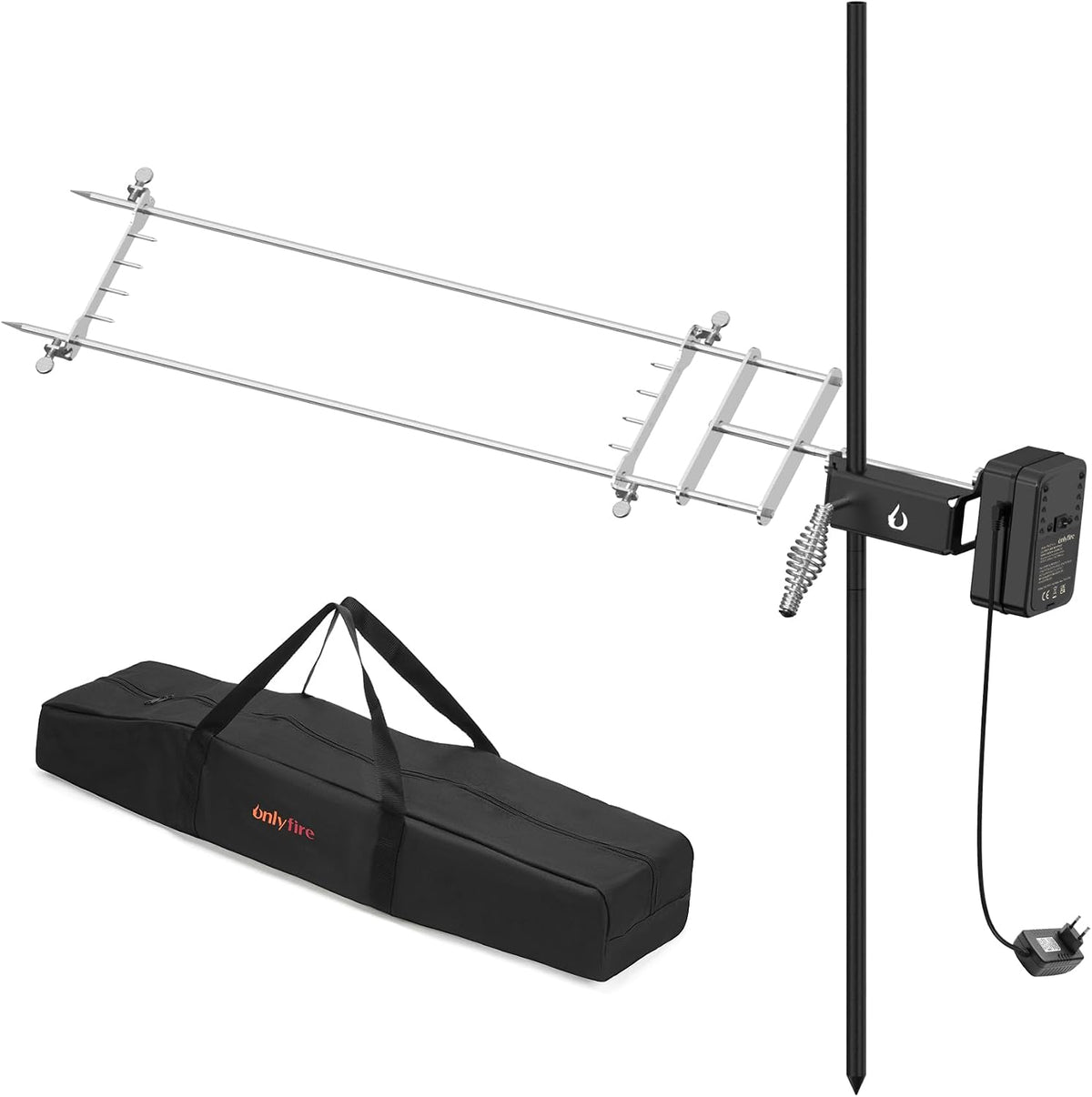 onlyfire Rôtissoire Électrique pour Feu de Camp, Brasero et Foyer Extérieur, Tourne Broche Réglable en Hauteur avec Sac de Rangement