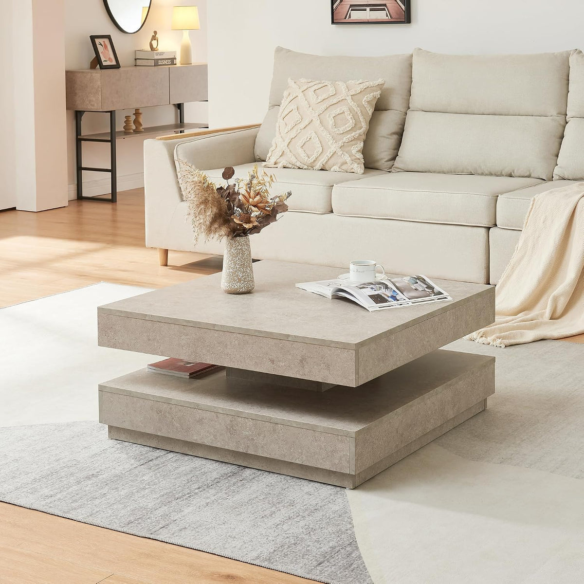 en.casa Table Basse avec Plateau Carré Pivotant et Étagère Inférieure Table d'Appoint Design Intemporel pour Salon Chambre Panneau de Particules 76 x