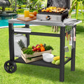 Table de préparation de barbecue robuste en acier inoxydable avec roues verrouillables, double étagères et crochets latéraux