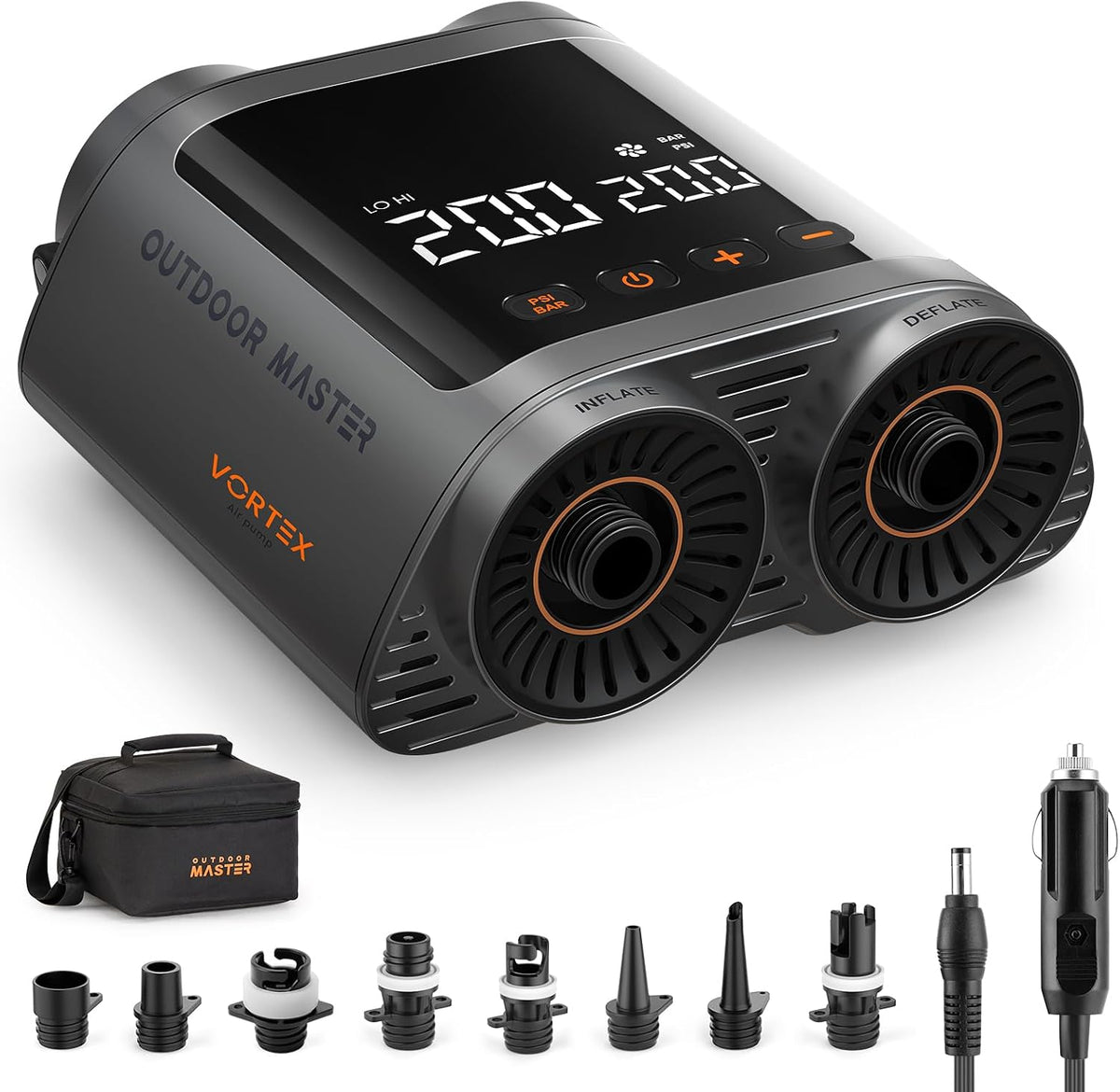 OutdoorMaster Vortex Pompe Électrique pour Paddle Board Portable, Max 20PSI Gonfleur & Dégonfleur Pompe à Air Électrique, Entrée DC 12V/15.8V
