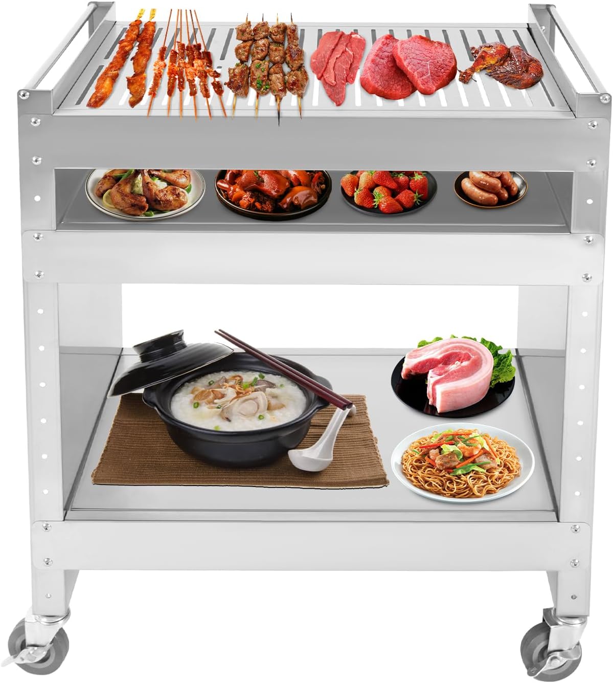 Barbecue au charbon de bois avec grille réglable, surface de cuisson en acier inoxydable à 3 niveaux avec roues verrouillables et ventilation