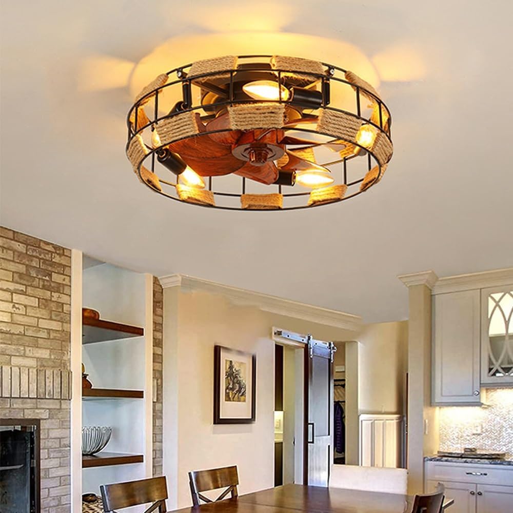 Ventilateur Plafond Avec Lumiere Et La Télécommande Plafonnier Vintage Industriel Cage Fer Salon E27 Éclairage Plafond Rétro Lustres Salle À Manger