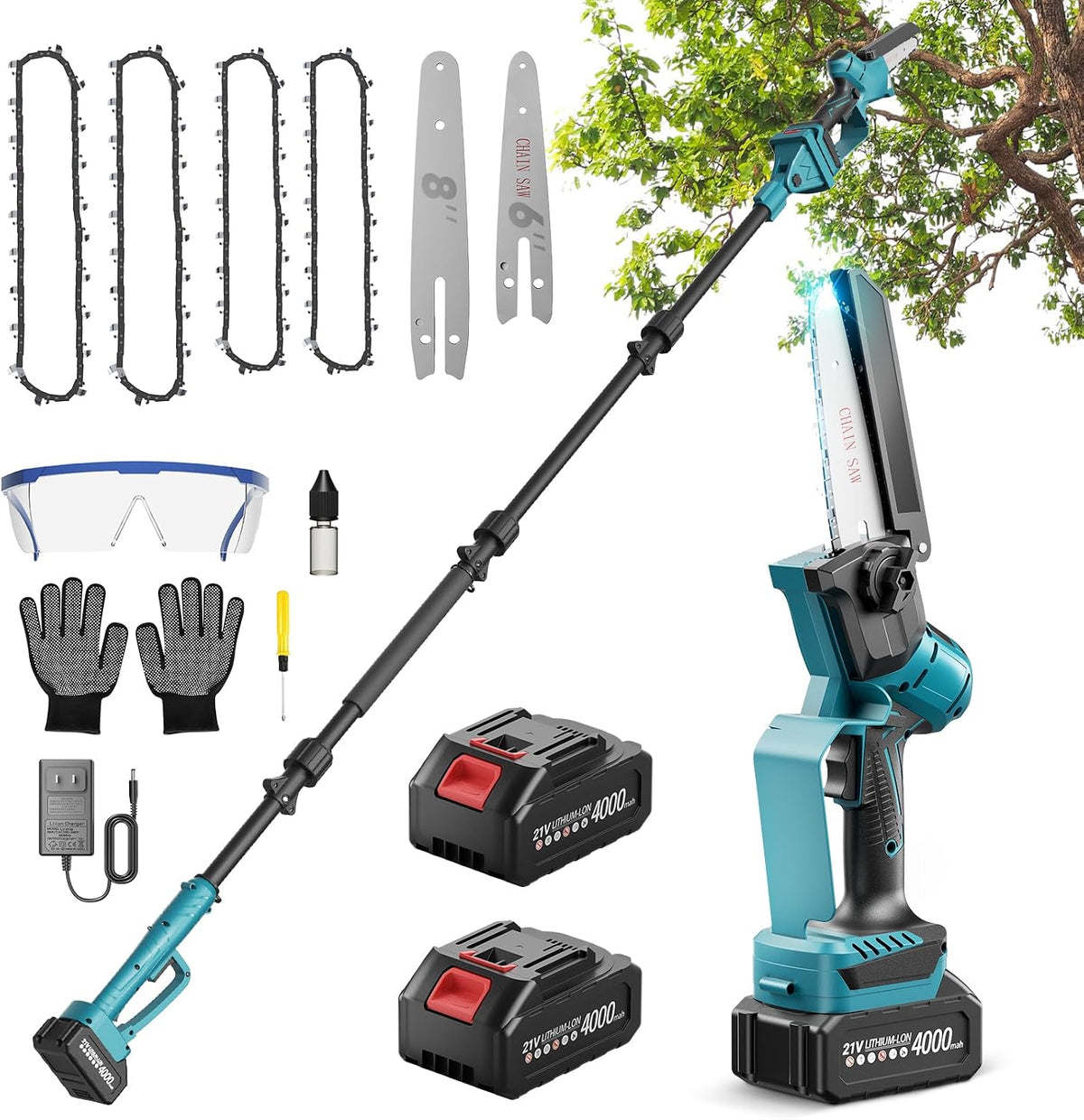 2 in 1 Perche Élagueuse 6 et 8 Pouces, Mini Tronçonneuse avec 2 Batteries 4000 mAh