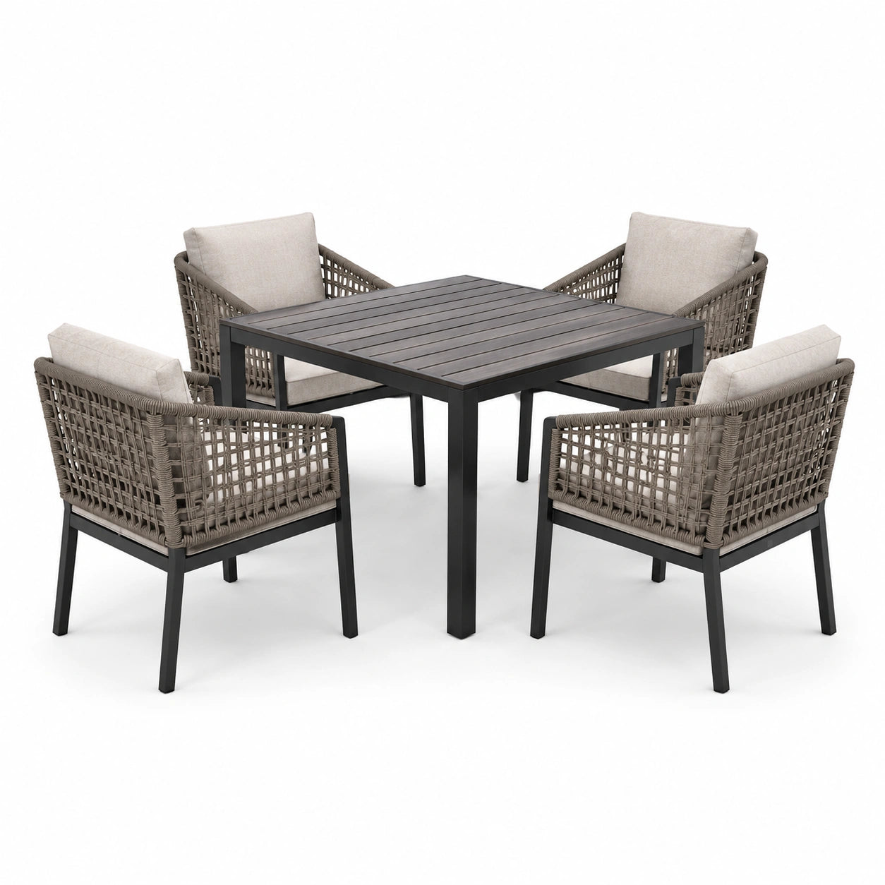 Ensemble de jardin 4 chaises aluminium et corde 85x85 cm marron clair